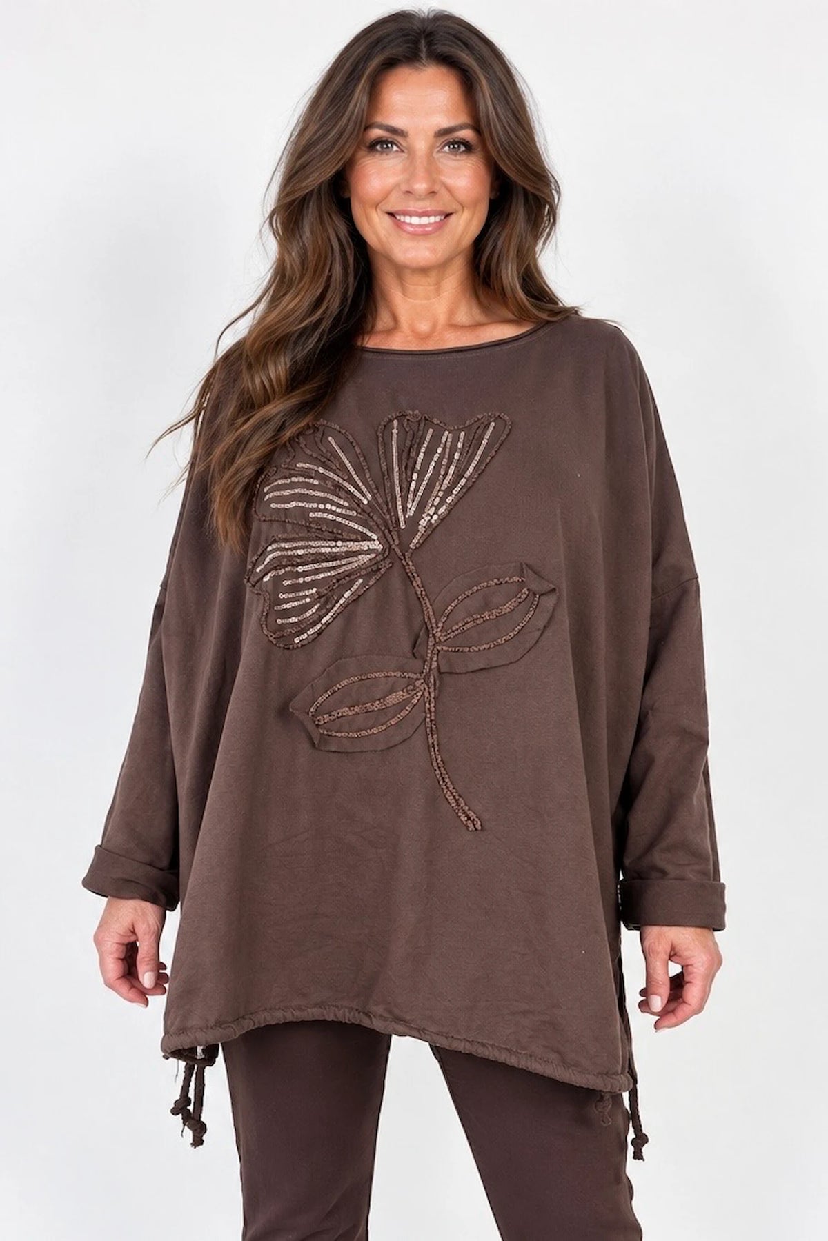 Cotton Embroidered Gold Sequin Floral Manica Tied Hem Top - Chocolate