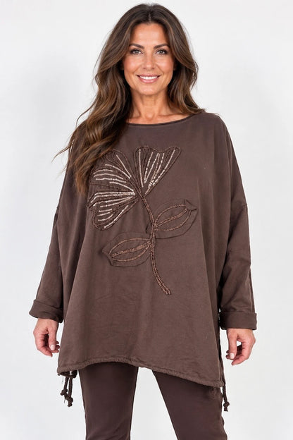 Cotton Embroidered Gold Sequin Floral Manica Tied Hem Top - Chocolate