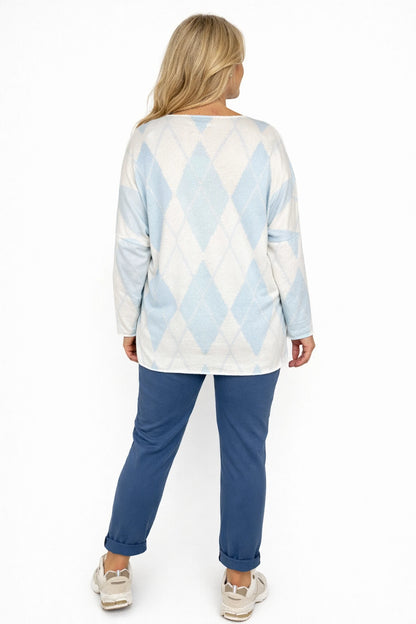Wool Mix Spring Knit Argyle Florence Top - Baby Blue