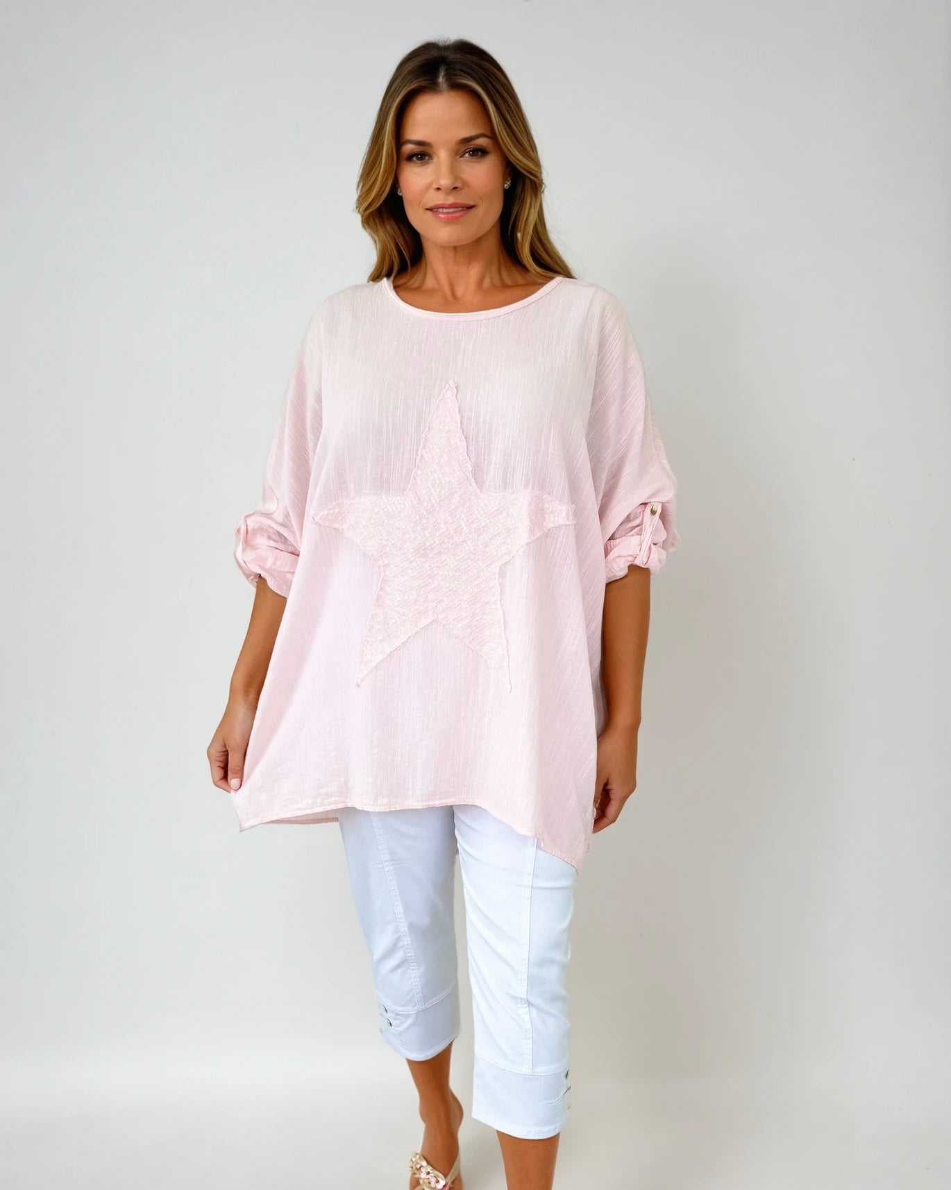 Cotton Sparkle Star Siana Button Sleeve Batwing Top - Baby Pink