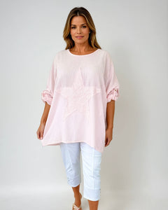 Cotton Sparkle Star Siana Button Sleeve Batwing Top - Baby Pink