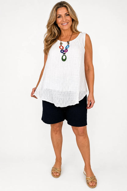 Lightly Textured Double Pocket Elasticated Waist Drawstring Lexi Shorts - Navy