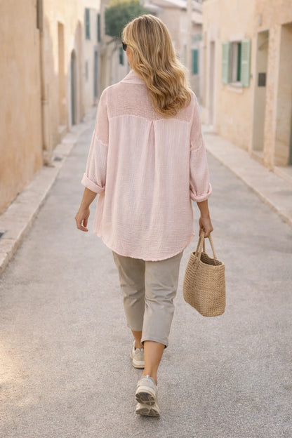 Pure Bubble Cotton Mesh Sleeve/Back Detail Celeste Button Shirt - Baby Pink