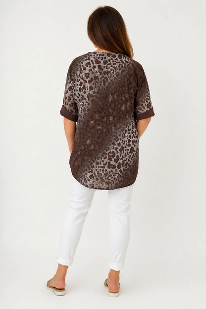 Pure Cotton Leopard Felicity One Button Shirt - Chocolate