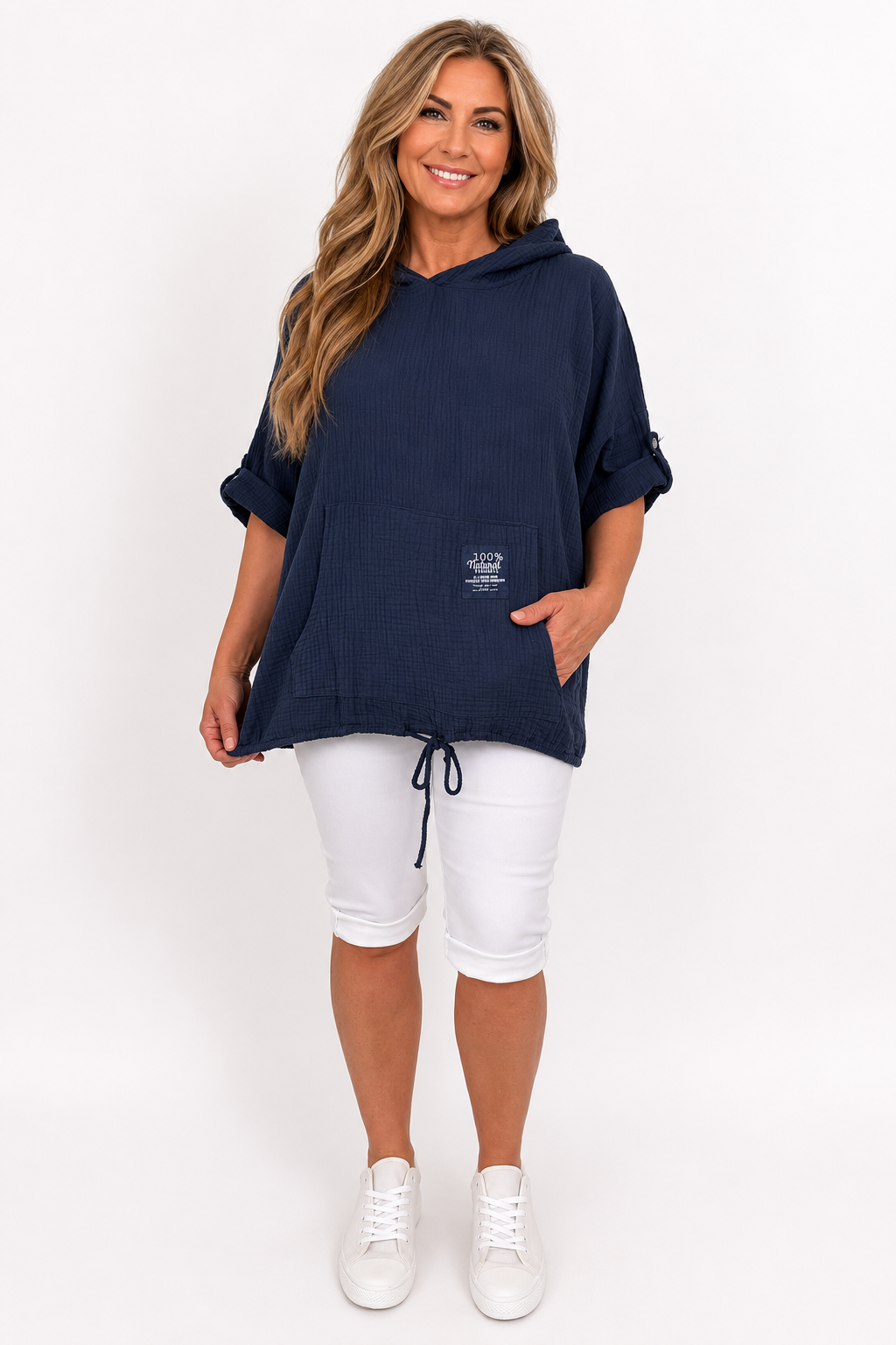 Pure Bubble Cotton Button Sleeve Badge Detail Pocketed Zara Hoodie - Navy