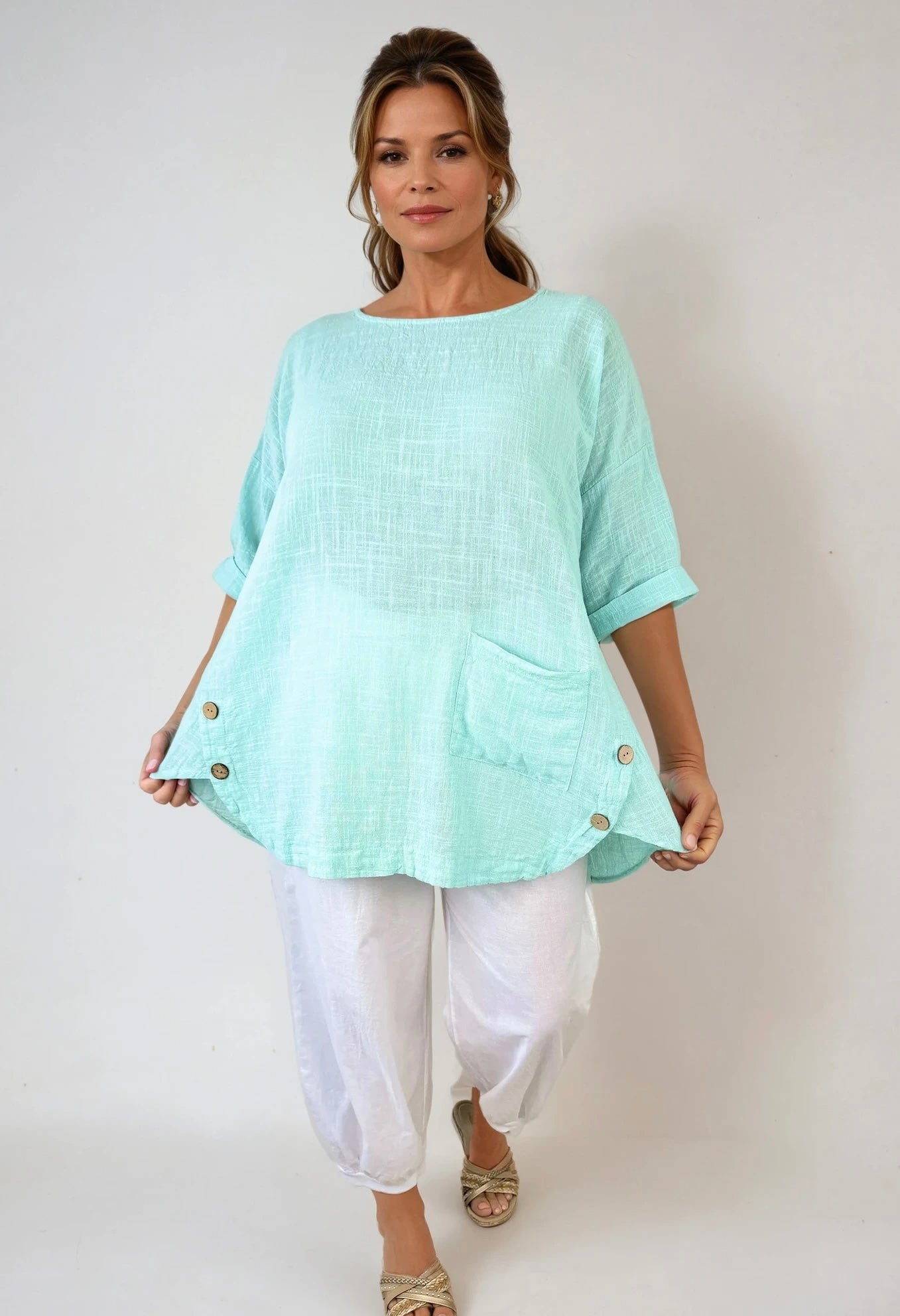 Pure Cotton Linen Look Button Detail Lilliana Pocket Top - Mint