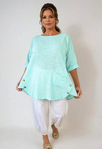 Pure Cotton Linen Look Button Detail Lilliana Pocket Top - Mint
