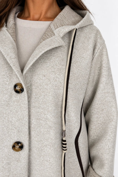 Viera Contrast Trim Double Pocket Drawstring Hooded Button Coat - Beige