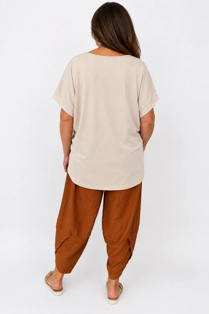 Fine Ribbed Gold Trim Sophia Necklace Top - Beige