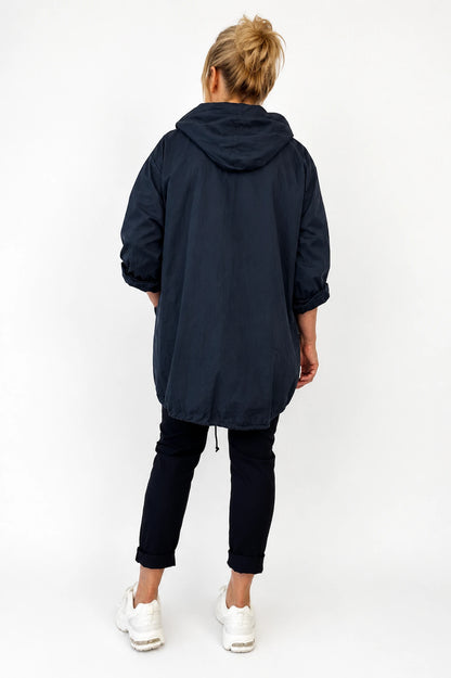Button Sleeve Double Pocket Drawstring Hem Zipped Emila Hooded Jacket - Black