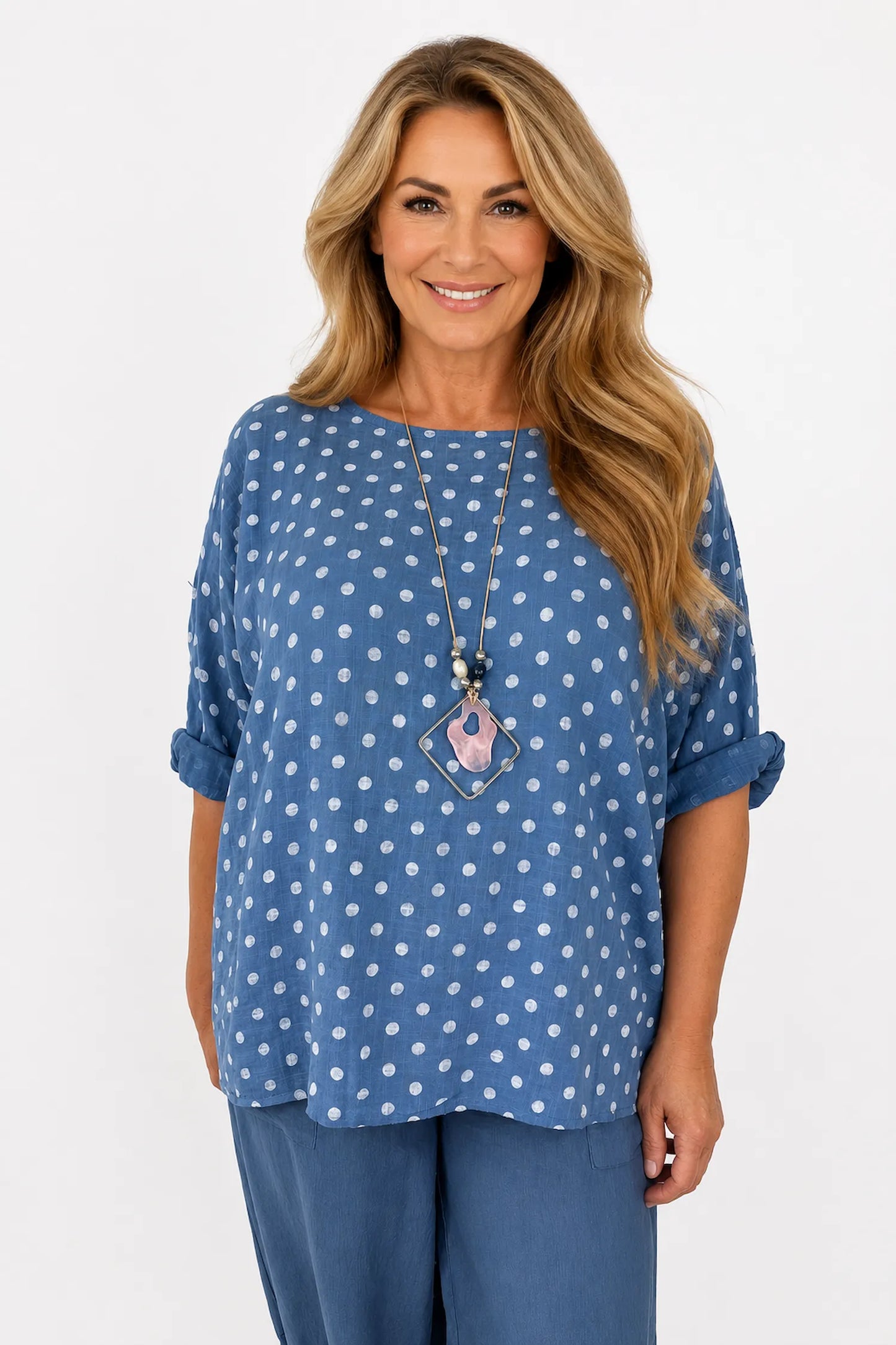 Pure Cotton Polka Dot Mari Necklace Top - Denim