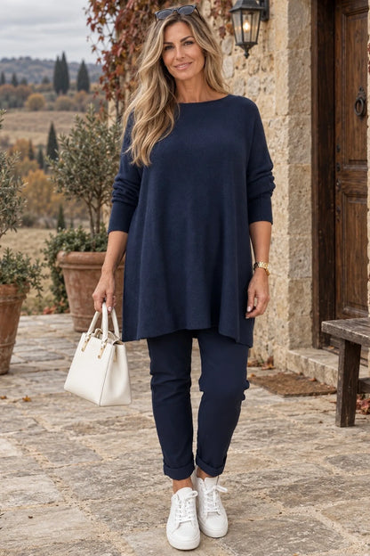 Fine Knit Seam Sleeve Tulia Top - Navy
