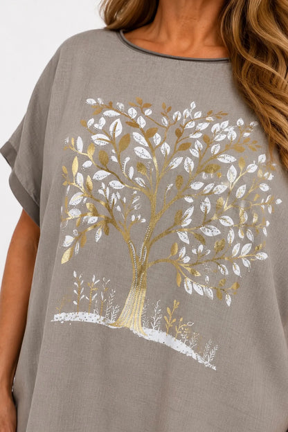 Linen Cotton Mix Diamanté Golden Leaf Carletta Top - Mocha