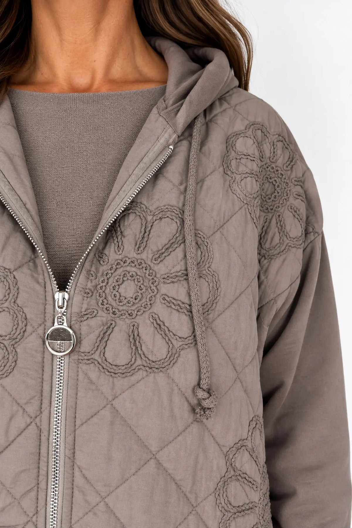 Embroidered Floral Quilted Cotton Hooded Zip Kala Coat – Mocha