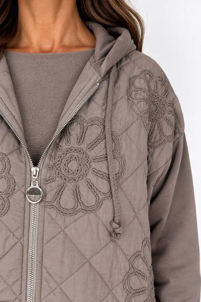 Embroidered Floral Quilted Cotton Hooded Zip Kala Coat – Mocha