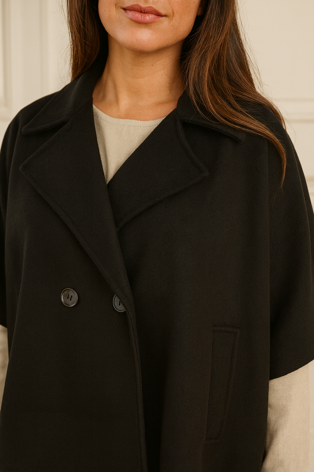 Double Pocket Button Detail Florence Cape Jacket - Black