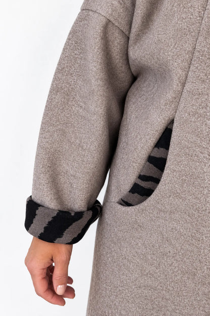 Double Pocket Zipped Contrast Animal Print Lined Valentina Brushed Hooded Coat - Mocha