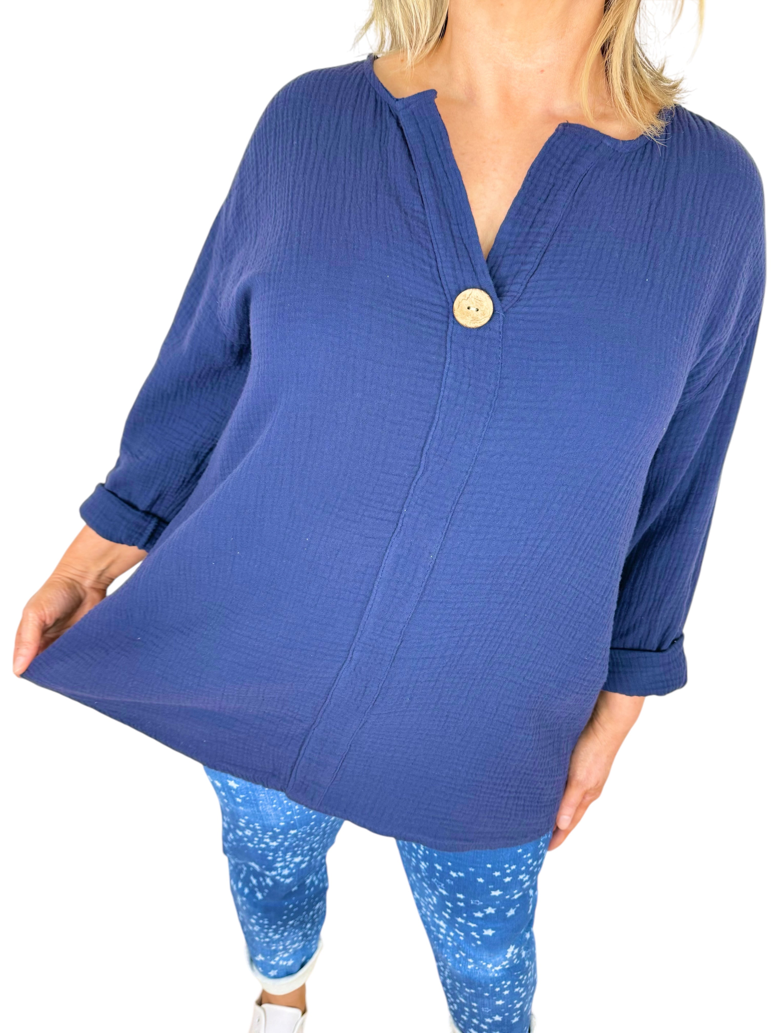 Bubble Cotton One Button Brielle Shirt - Navy