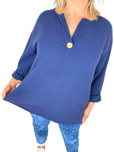 Bubble Cotton One Button Brielle Shirt - Navy