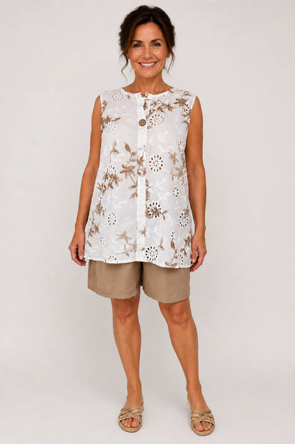 Pure Cotton Button Detail Embroidery Anglaise Mirella Sleeveless Top - Mocha