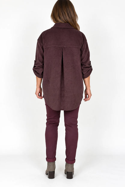 Button Sleeve Sicily Cord Button Shirt - Cherry Brown