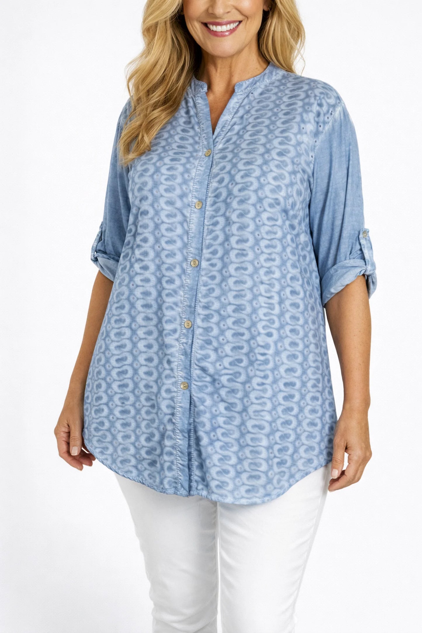 Cotton Button Sleeve Embroidery Anglaise Detail Tatiana Button Shirt - Washed Denim