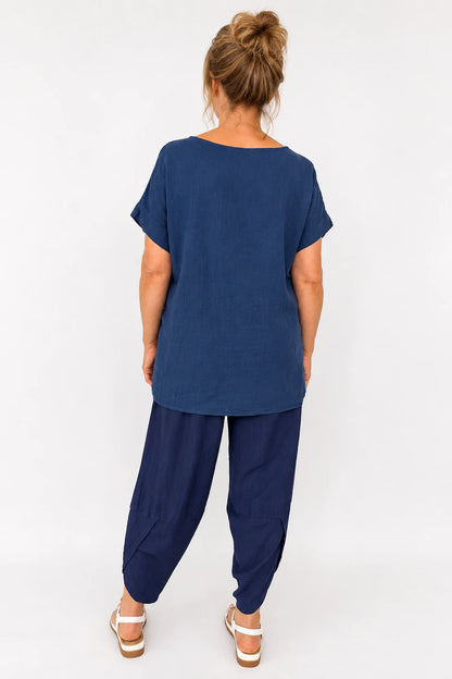 Pure Cotton Embroidered Flower Mesh Detail Capari Top - Navy