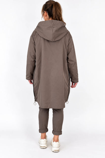 Double Pocket Badge Detail Adjustable Fit Side Zip Florenzi Lightweight Coat - Mocha