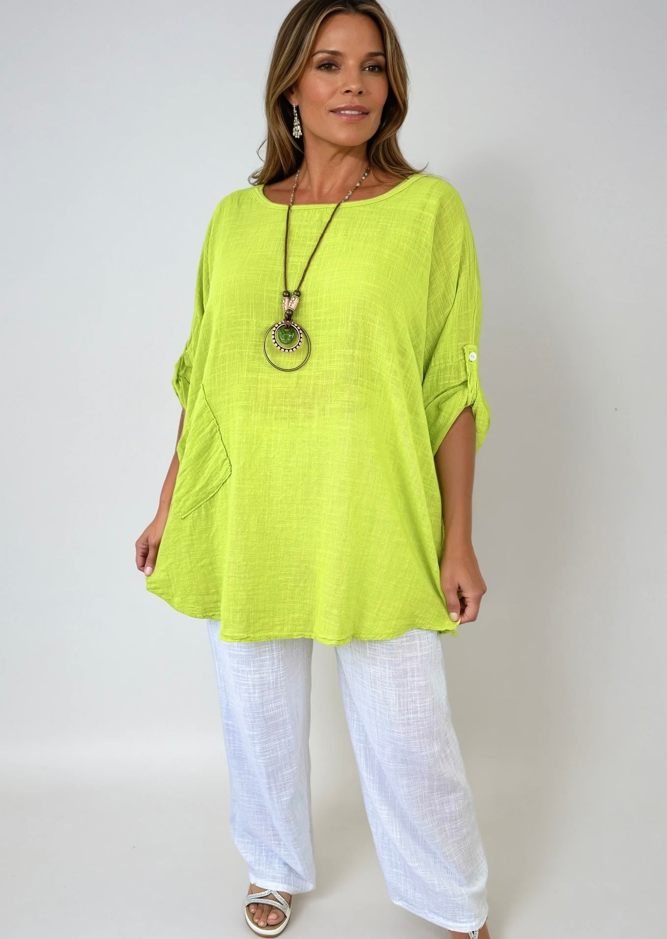 Pure Cotton Pocket Detail Button Sleeve Venice Necklace Top - Lime