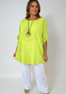 Pure Cotton Pocket Detail Button Sleeve Venice Necklace Top - Lime