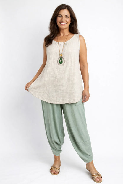 Fully Lined Cotton Italia Necklace Vest - Beige