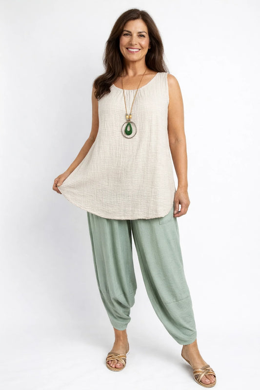 Fully Lined Cotton Italia Necklace Vest - Beige