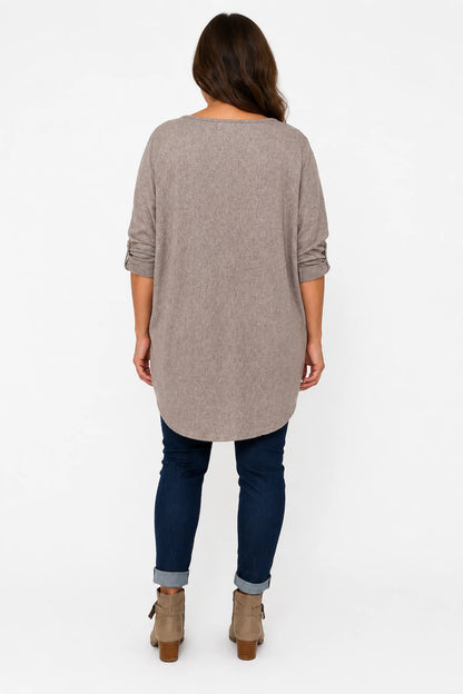 Fine Knit Button Sleeve Batwing Angelica Top - Mocha