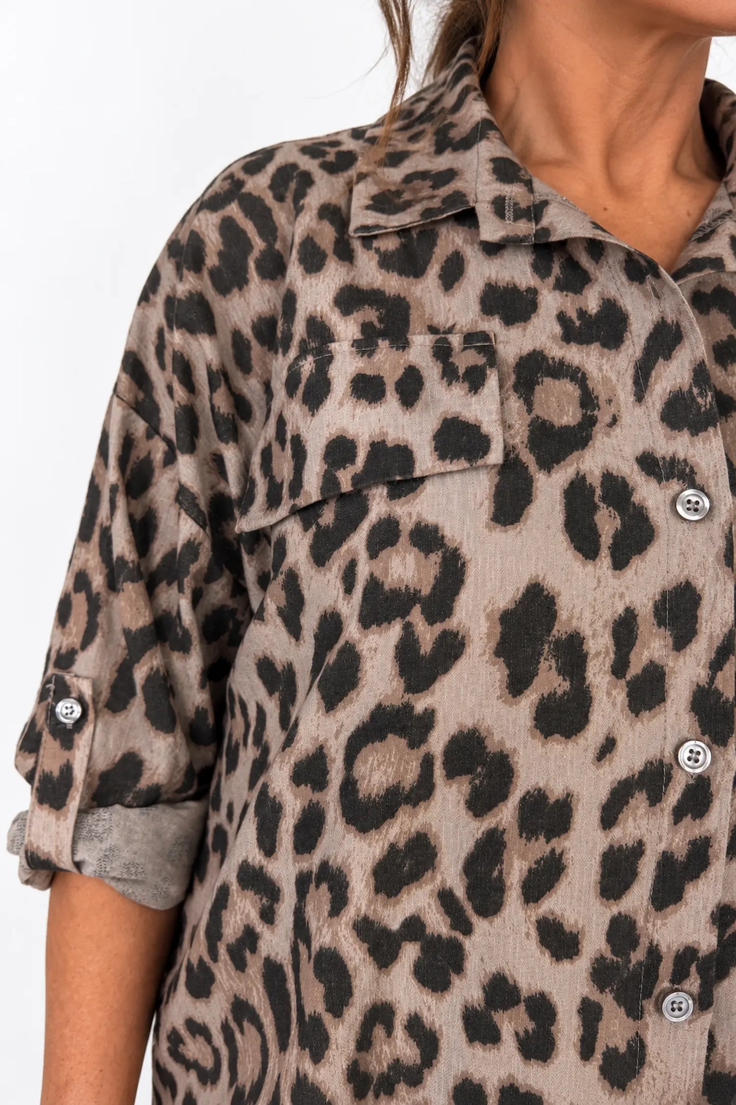 Button Sleeve Twin Faux Pocket Carmella Leopard Button Shirt - Mocha