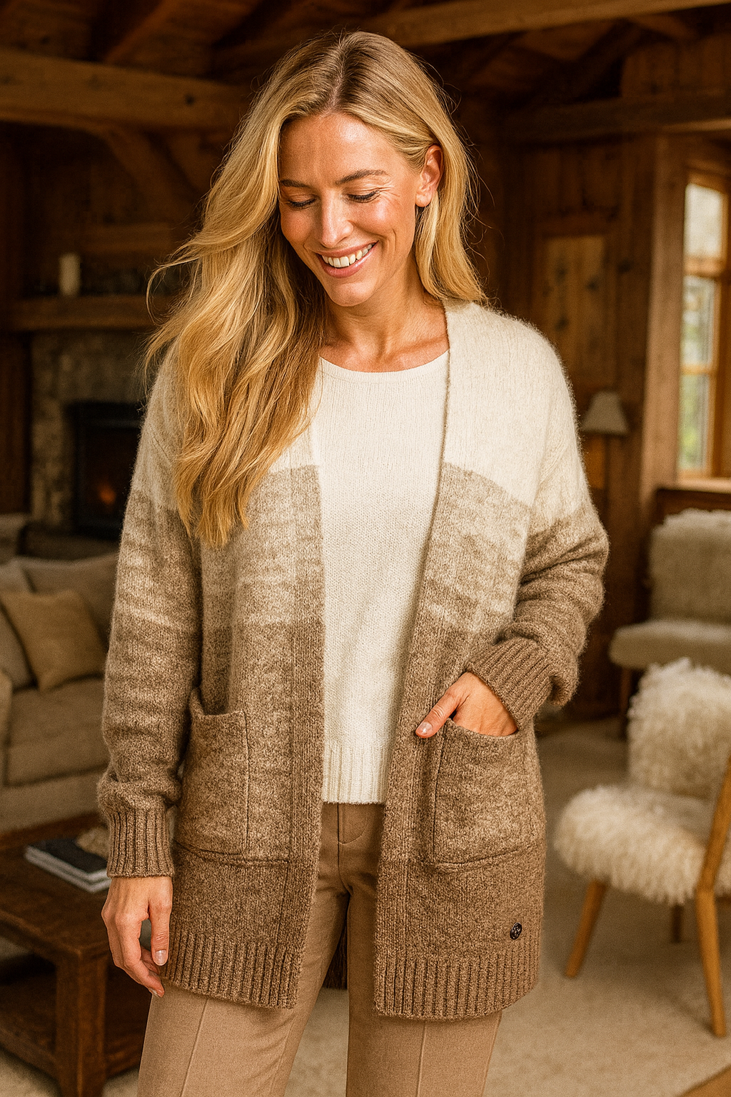 Wool Mix Double Pocket Oxford Cardigan - Mocha