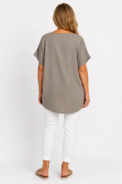 Linen Cotton Mix Diamanté Golden Leaf Carletta Top - Mocha