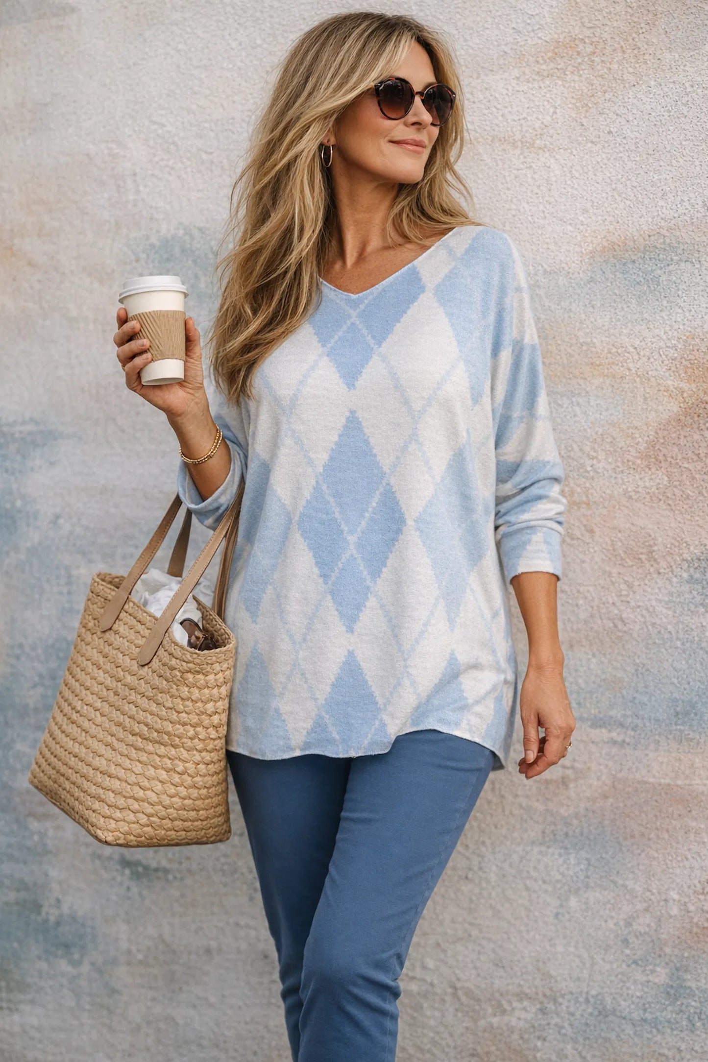 Wool Mix Spring Knit Argyle Florence Top - Baby Blue