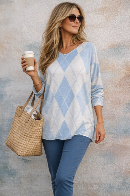 Wool Mix Spring Knit Argyle Florence Top - Baby Blue