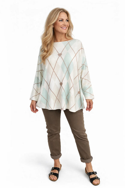 Premium Spring Knit Argyle Heart Florentina Seam Sleeve Top - Mint/Beige