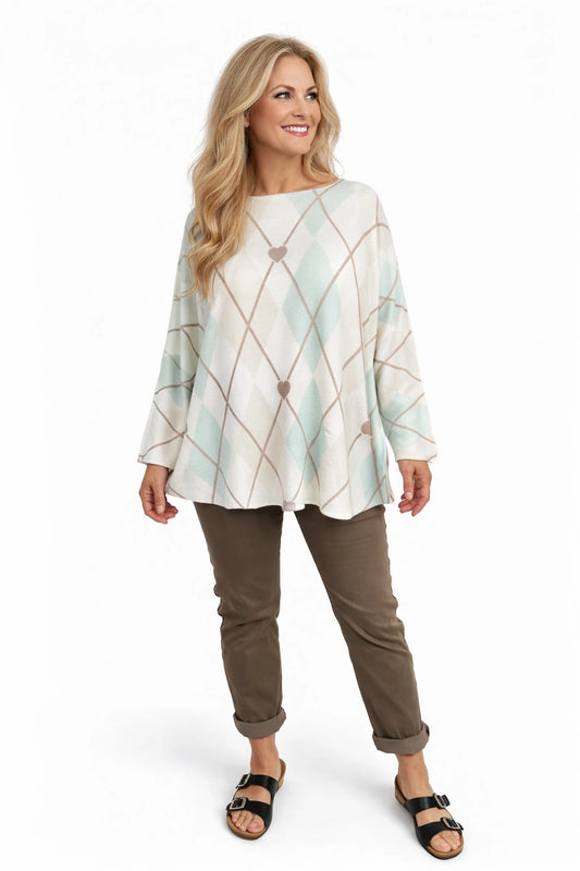 Premium Spring Knit Argyle Heart Florentina Seam Sleeve Top - Mint/Beige