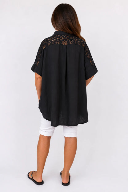 Lace Crochet Shoulder Alexandra Button Shirt - Black