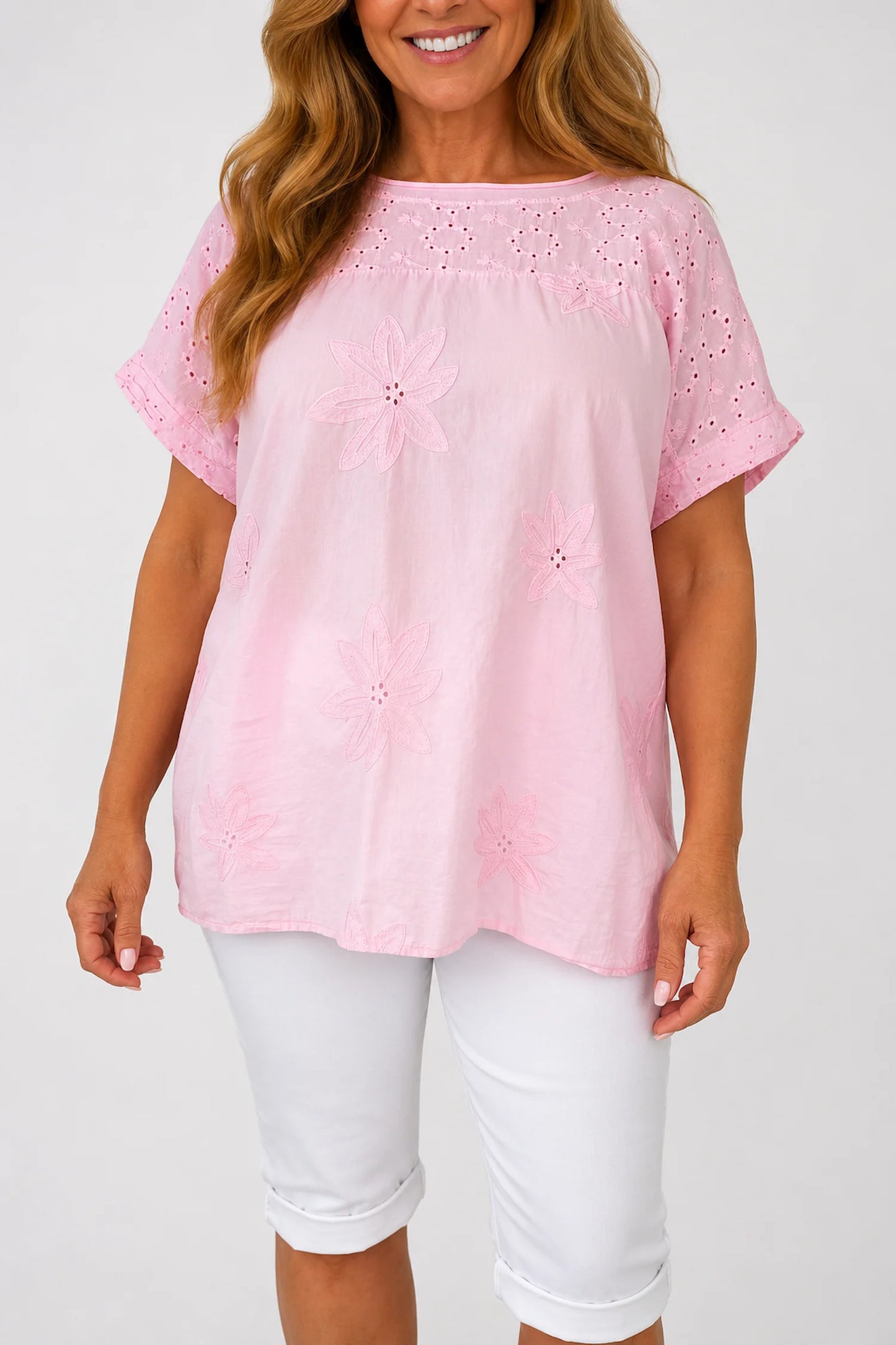 Pure Cotton Floral Embroidery Anglaise Clarissa Top - Baby Pink