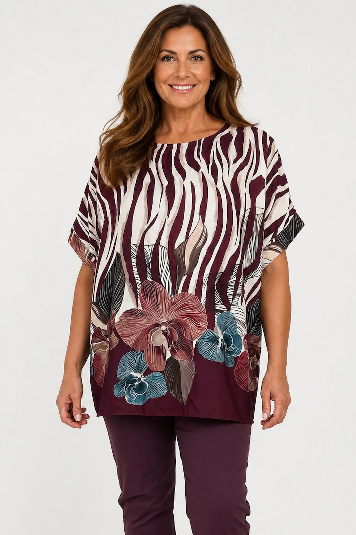Lightweight Floral Zebra Kassi Top - Grape