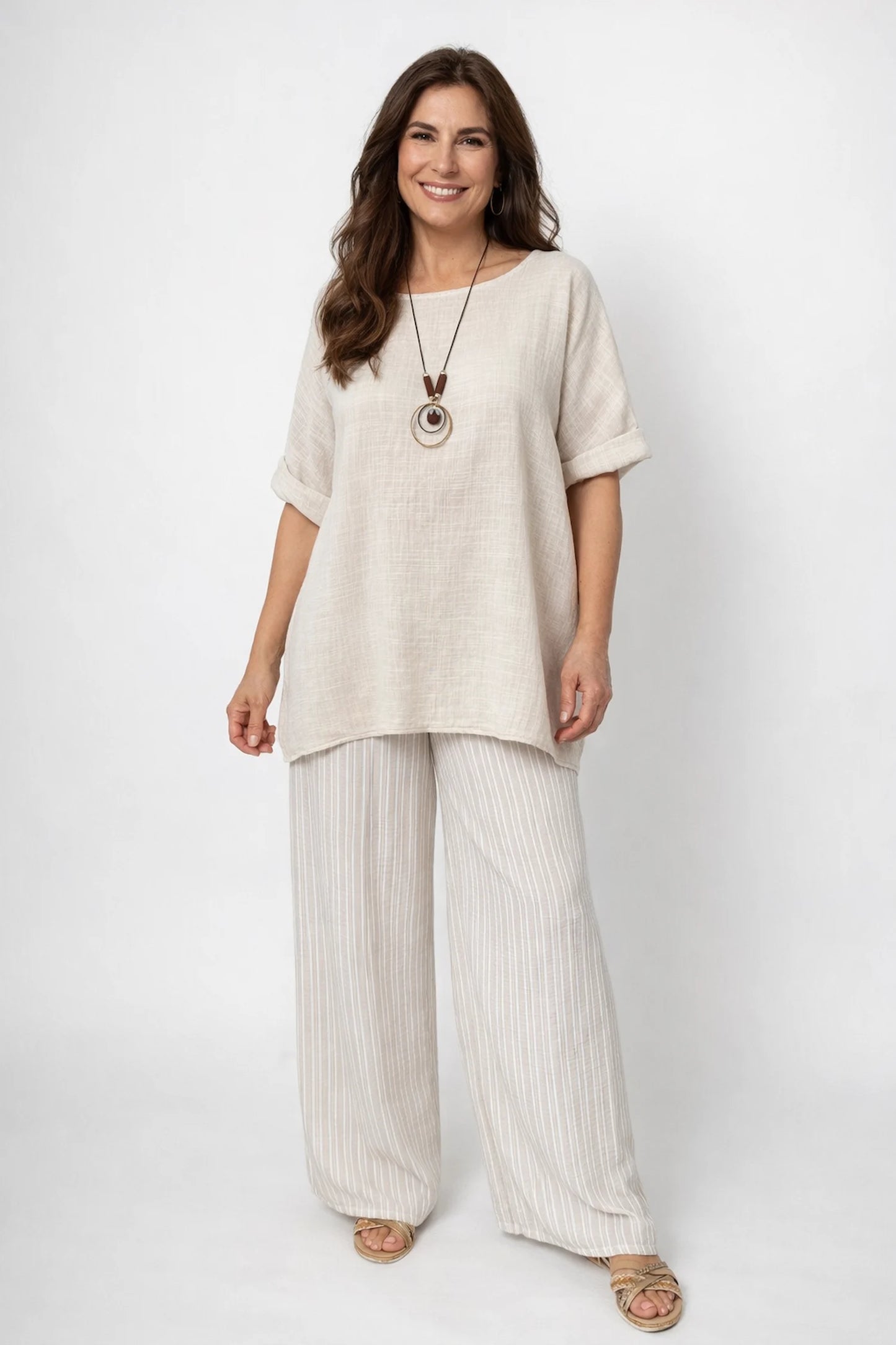 Pure Cotton Linen Look Italia Necklace Top - Stone