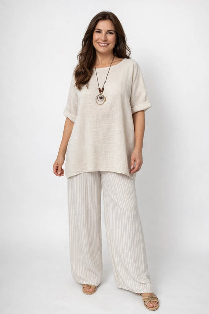 Pure Cotton Linen Look Italia Necklace Top - Stone
