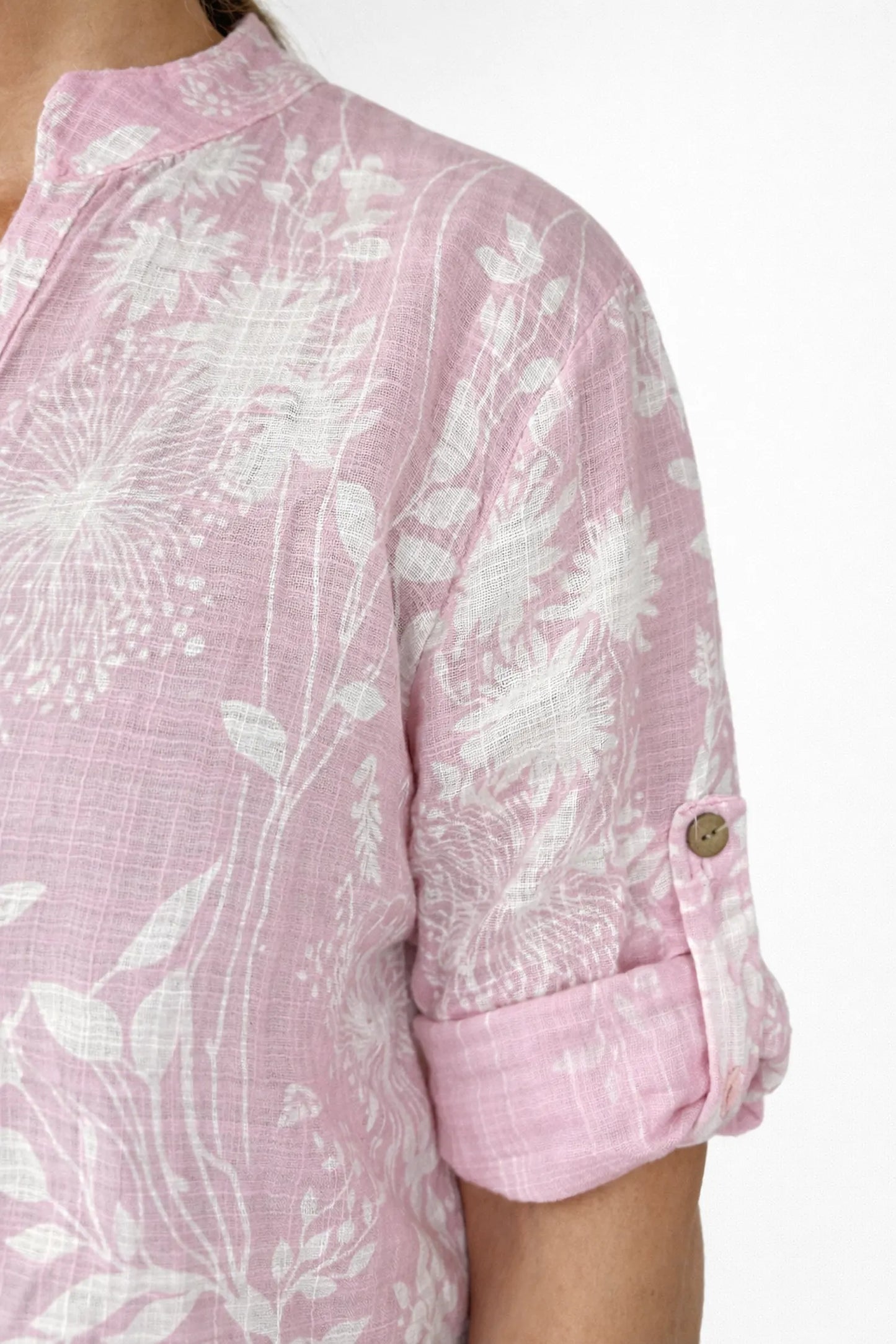 Linen Look Cotton Button Sleeve Ivy Button Shirt - Baby Pink