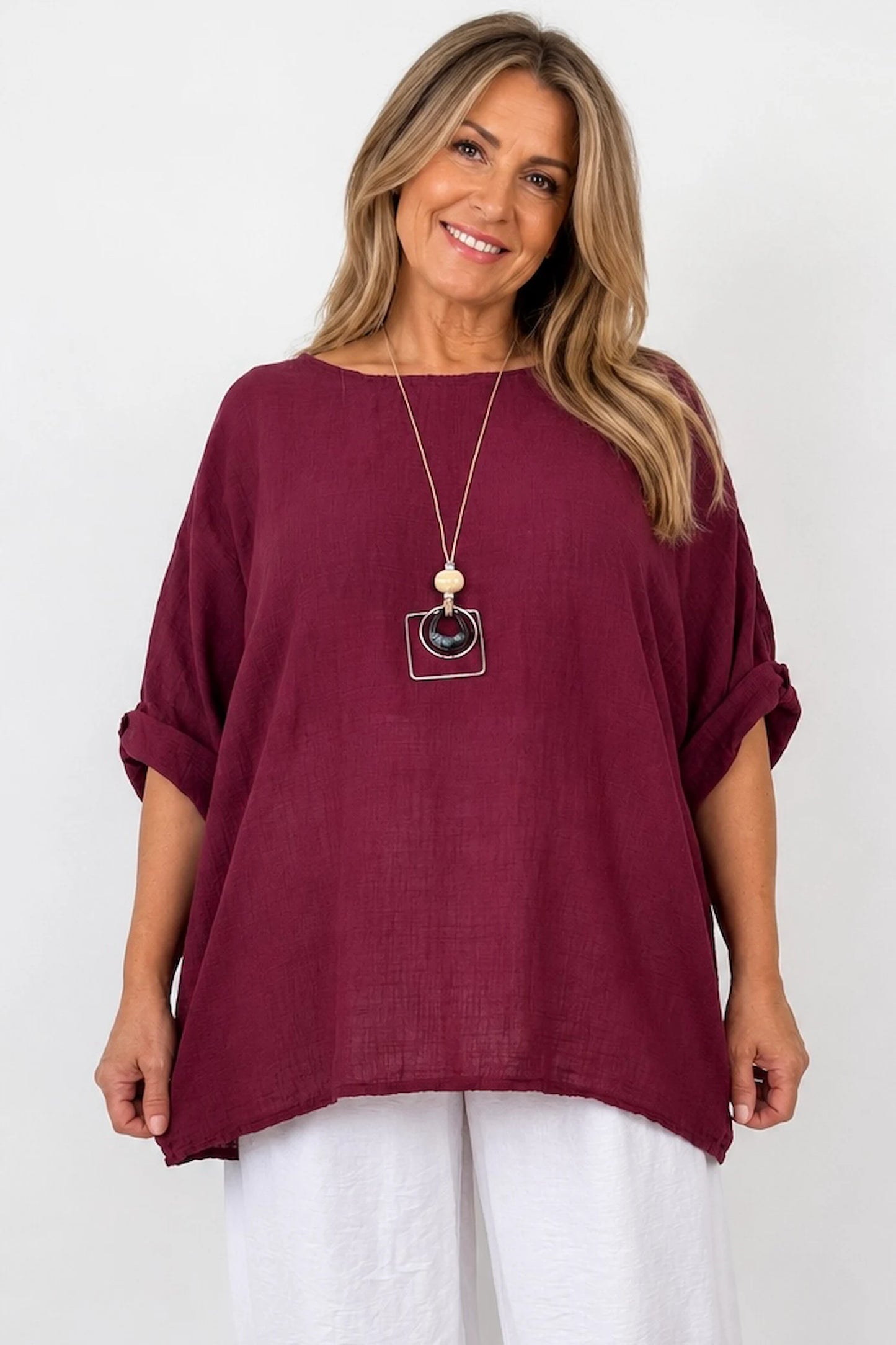 Pure Cotton Linen Look Italia Necklace Top - Grape