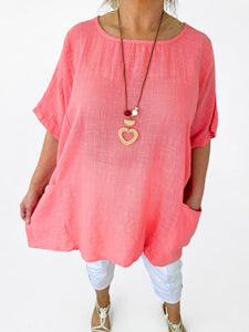 Pure Cotton Double Pocket Marlin Necklace Top - Coral