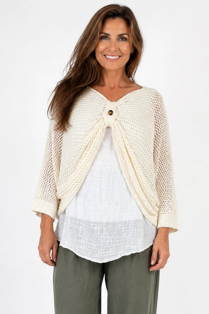 Pure Cotton Removable Tie Alexandra Batwing Crochet Top - Cream