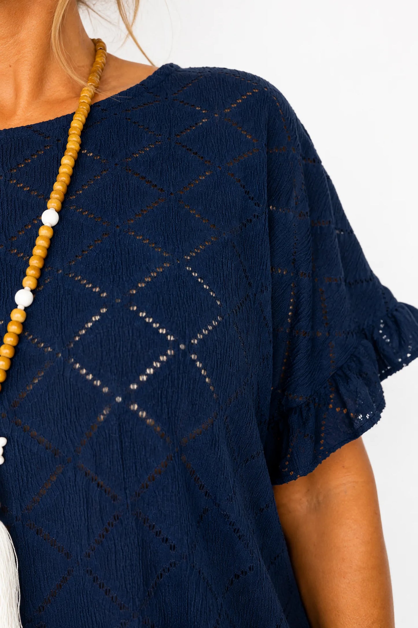 Lightly Textured Frill Sleeve Giana Necklace Top - Navy